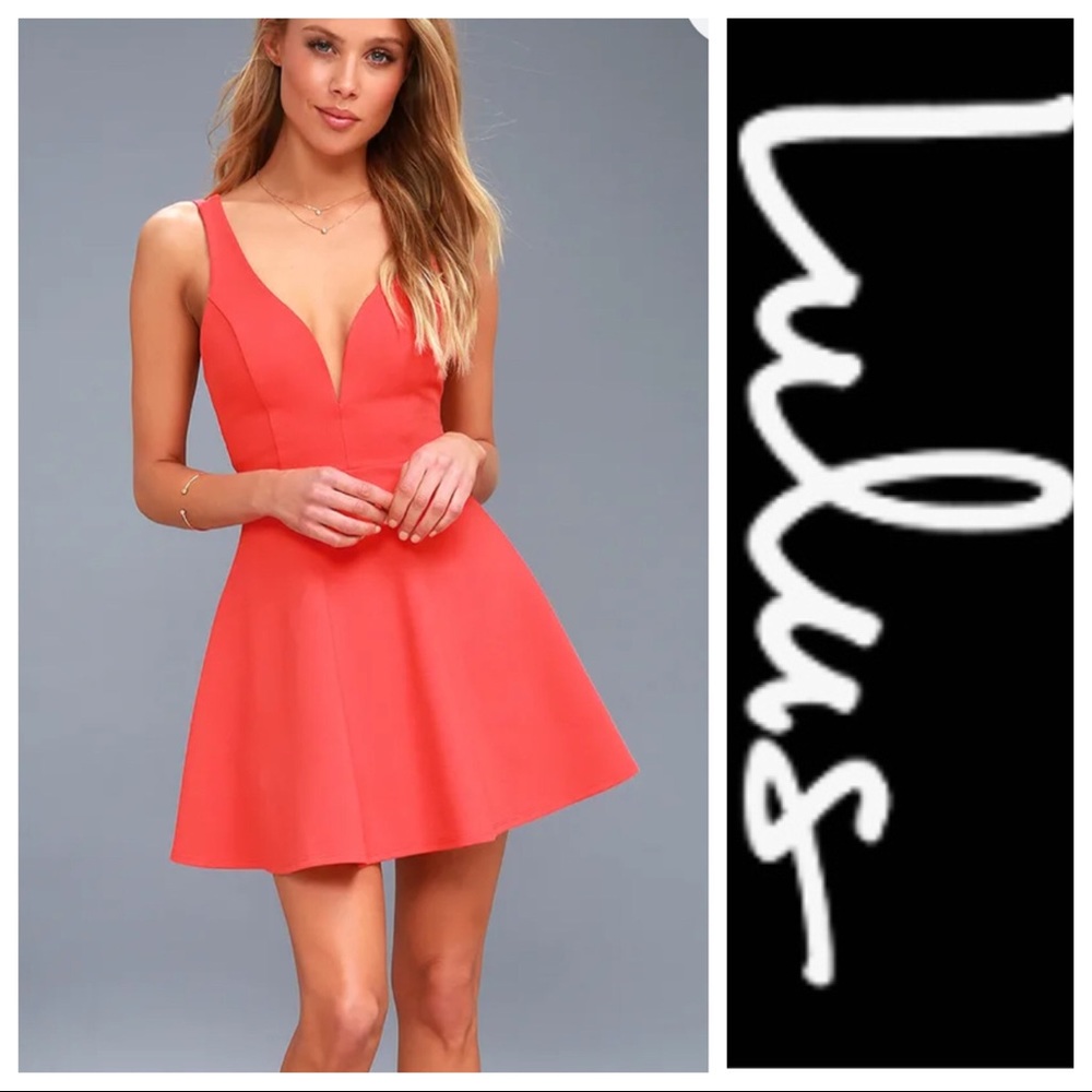 Lulus Love Galore Coral Red Skater Dress A-Line Fit & Flare Mini